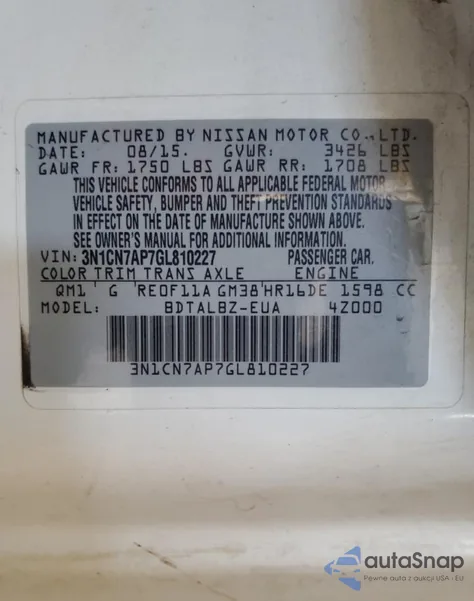 2016 Nissan Versa S из США, поврежденный, VIN 3N1CN7AP7GL810227